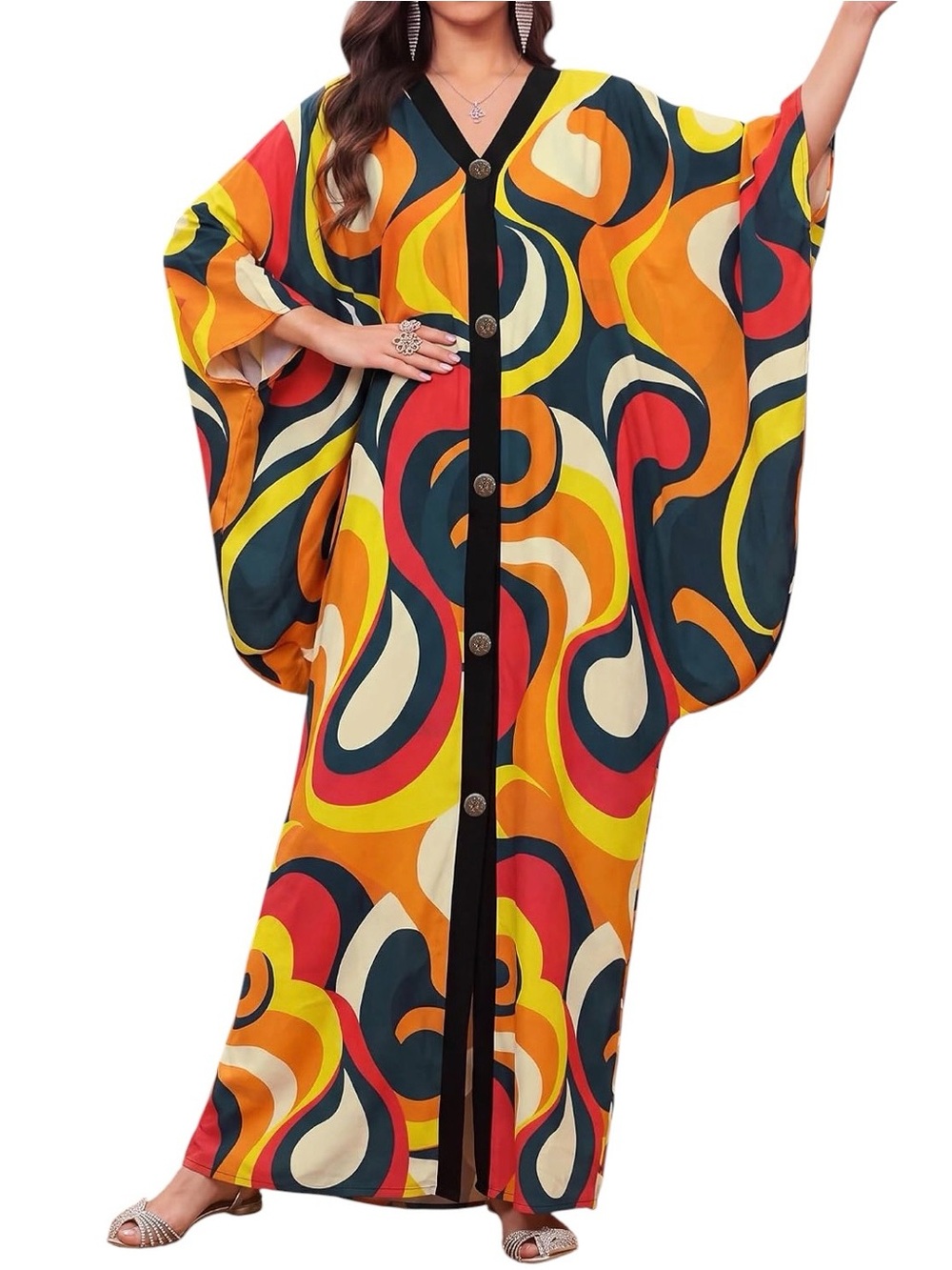 BSUBSEACH Orange Kaftan Dress V-Neck Beach Swim Coverup Batwing Sleeves One Size